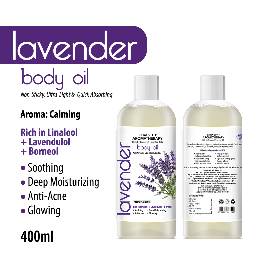 Lavender Body Oil - Deep Moisturizing, Anti-Acne, Soothing For Glowing Skin; Non Sticky, Quick Absorbing - Keya Seth Aromatherapy