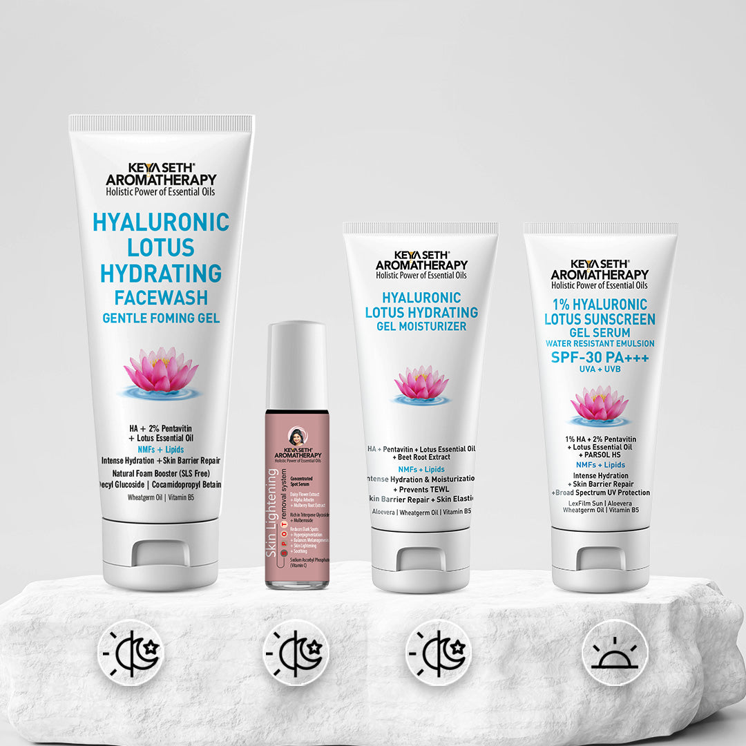 Daily Skincare Routine for Spot Removal & Hydration – Facewash, Serum, Moisturizer, SPF 30 Sunscreen With Hyaluronic Acid, Daisy Flower, Alpha Arbutin, Beetroot Extract, Mulberry Root Extract, Vitamin C & B5 to Fade Dark Spots, Scars & Even Skin Tone - Keya Seth Aromatherapy