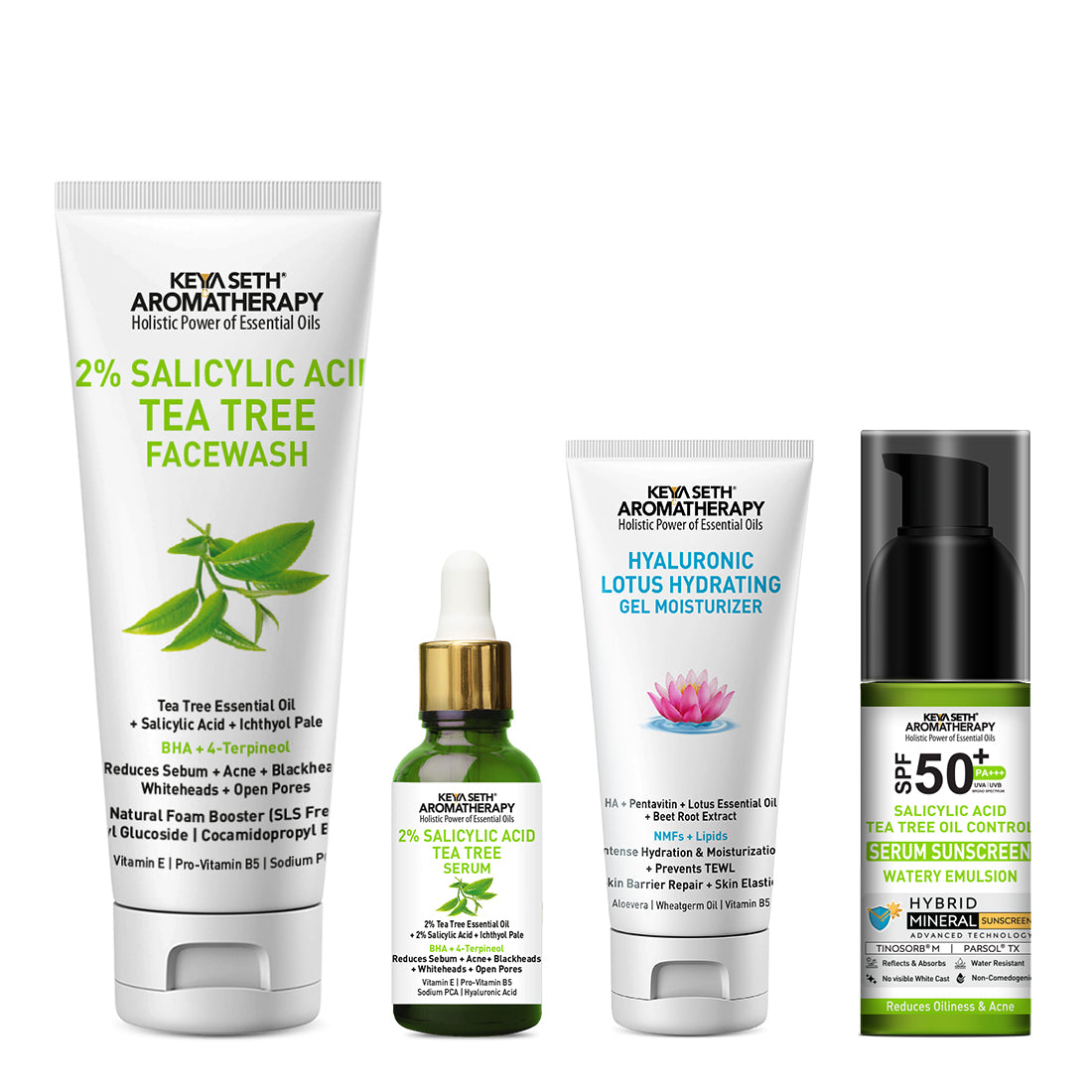 Daily Skincare Routine for Oily & Acne-Prone Skin - 2% Salicylic Acid Tea Tree Facewash & Serum with BHA, Vitamin E & B5 + 2% Pentavitin Moisturizer + 1% Hyaluronic Acid Sunscreen SPF 30 - Keya Seth Aromatherapy
