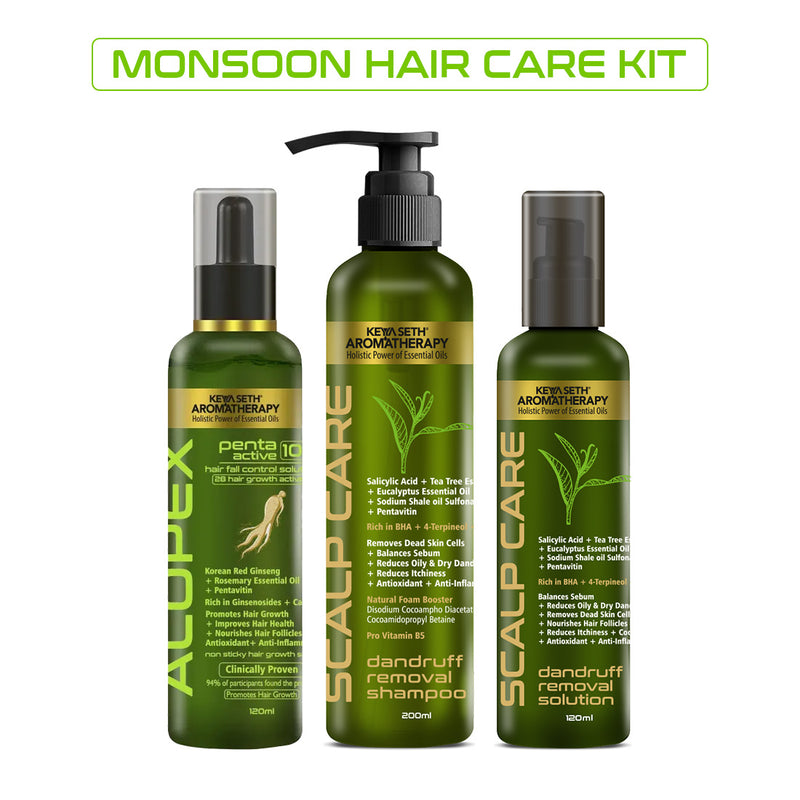Monsoon Haircare Kit, Scalp Care Dandruff Removal Shampoo & Solution, Alopex Penta Active 10 Solution, Fights Dandruff & Itchiness, Soothes, New Hair Growth - Keya Seth Aromatherapy
