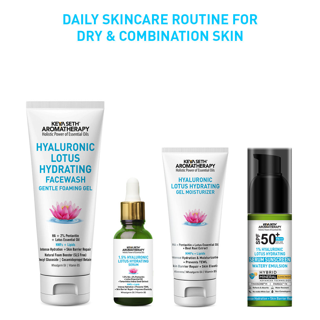 Daily Skincare Routine for Dry & Combination Skin – Hyaluronic Lotus Face Wash, 1.5% Hydrating Serum, Gel Moisturizer with 2% Pentavitin & SPF 50 PA+++ Sunscreen for Intense Hydration and Skin Barrier Repair - Keya Seth Aromatherapy