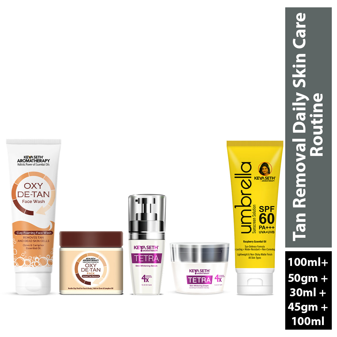 Tan Removal Skincare Routine – Facewash, Serum, Face Pack & SPF 60 to Exfoliate, Brighten, Fade Tan, Dark Spots & Protect from Sun Damage - Keya Seth Aromatherapy