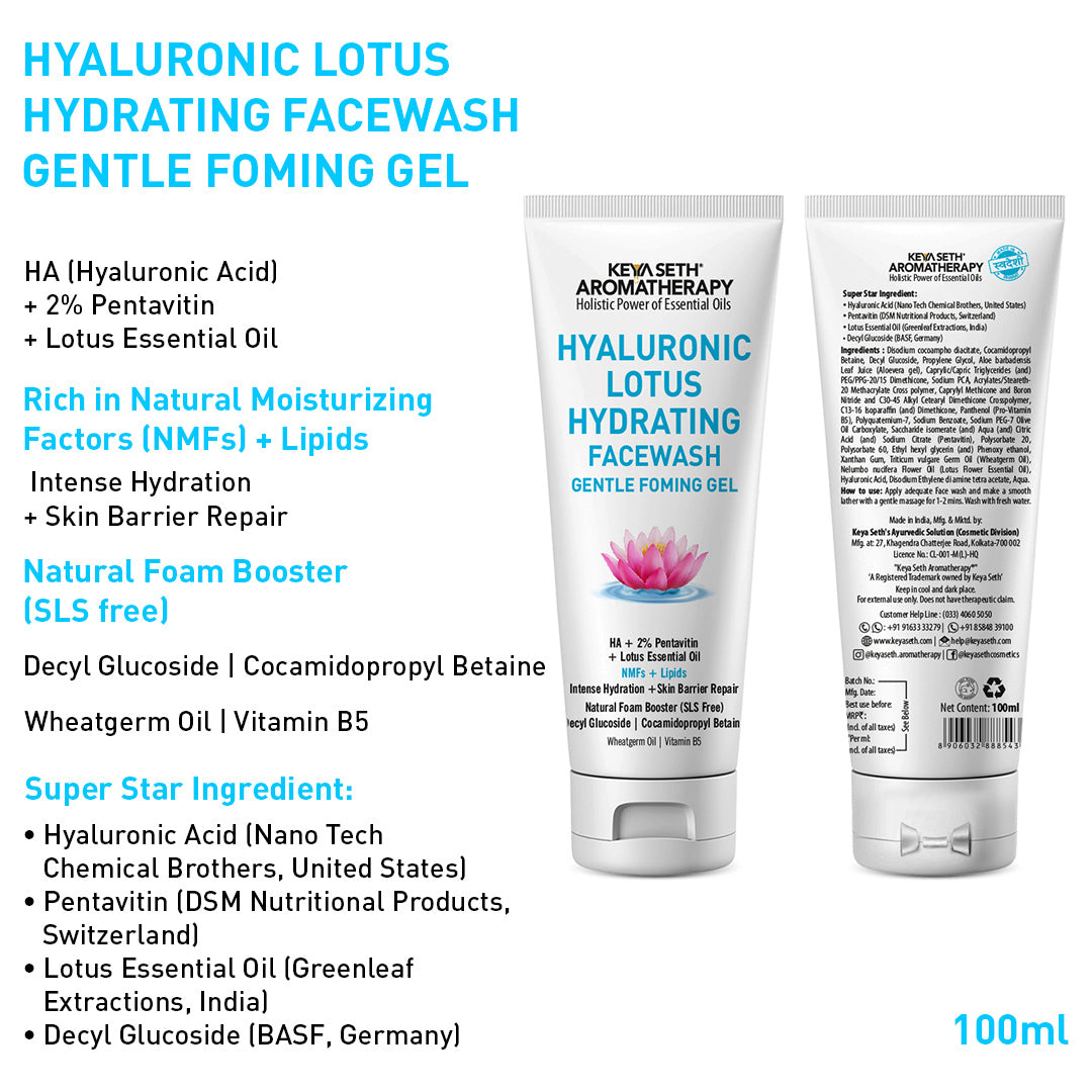 Daily Skincare Routine for Dry & Combination Skin – Hyaluronic Lotus Face Wash, 1.5% Hydrating Serum, Gel Moisturizer with 2% Pentavitin & SPF 50 PA+++ Sunscreen for Intense Hydration and Skin Barrier Repair - Keya Seth Aromatherapy