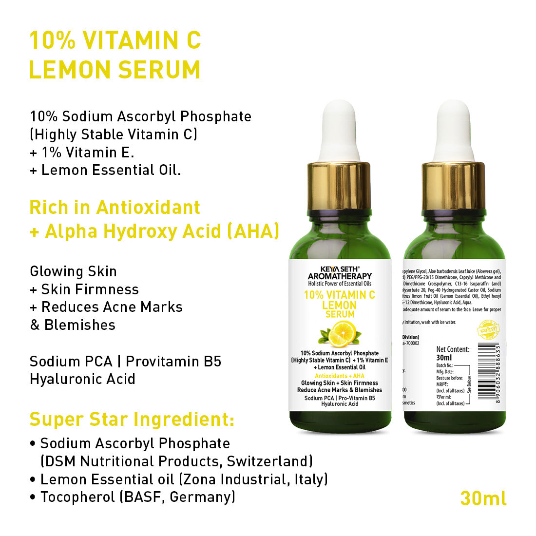 Daily Skincare Routine for Glowing Skin with Vitamin C Lemon Facewash, 10% Vitamin C Serum, 2% Pentavitin & Beet Root Extract Gel Moisturizer, and SPF 30 PA+++ Sunscreen for Deep Hydration & Skin Barrier Support - Keya Seth Aromatherapy
