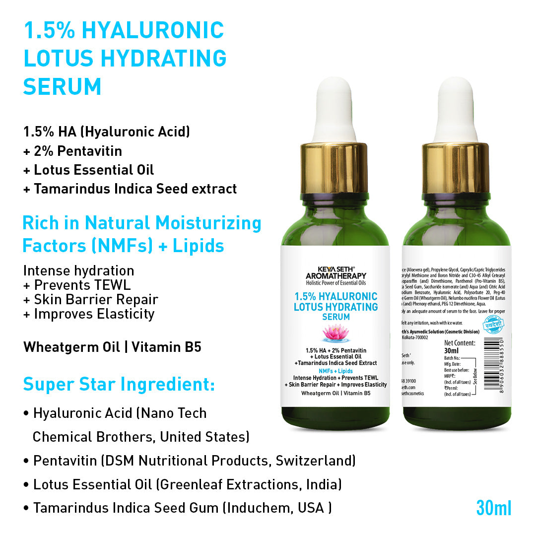 Daily Skincare Routine for Dry & Combination Skin – Hyaluronic Lotus Face Wash, 1.5% Hydrating Serum, Gel Moisturizer with 2% Pentavitin & SPF 50 PA+++ Sunscreen for Intense Hydration and Skin Barrier Repair - Keya Seth Aromatherapy