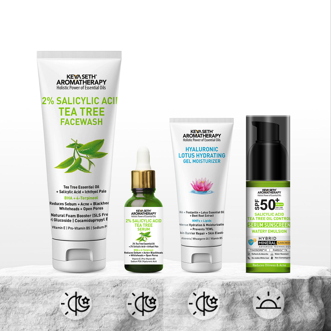 Daily Skincare Routine for Oily & Acne-Prone Skin - 2% Salicylic Acid Tea Tree Facewash & Serum with BHA, Vitamin E & B5 + 2% Pentavitin Moisturizer + 1% Hyaluronic Acid Sunscreen SPF 30 - Keya Seth Aromatherapy