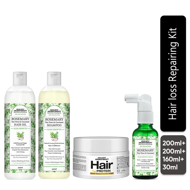 Hair Loss Repair Kit: Rosemary Tea Tree Coconut Oil, Biotin Shampoo, Keratin Mask & Growth Serum for Stronger, Thicker & Healthier Hair - Keya Seth Aromatherapy