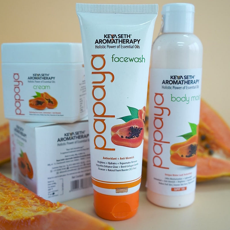 Papaya Skin Care Essential Kit, Brightening & Glowing Skin, Papaya Face Wash + Papaya Cream + Papaya Body Moisturizer, Enriched with Papaya Extract - Keya Seth Aromatherapy